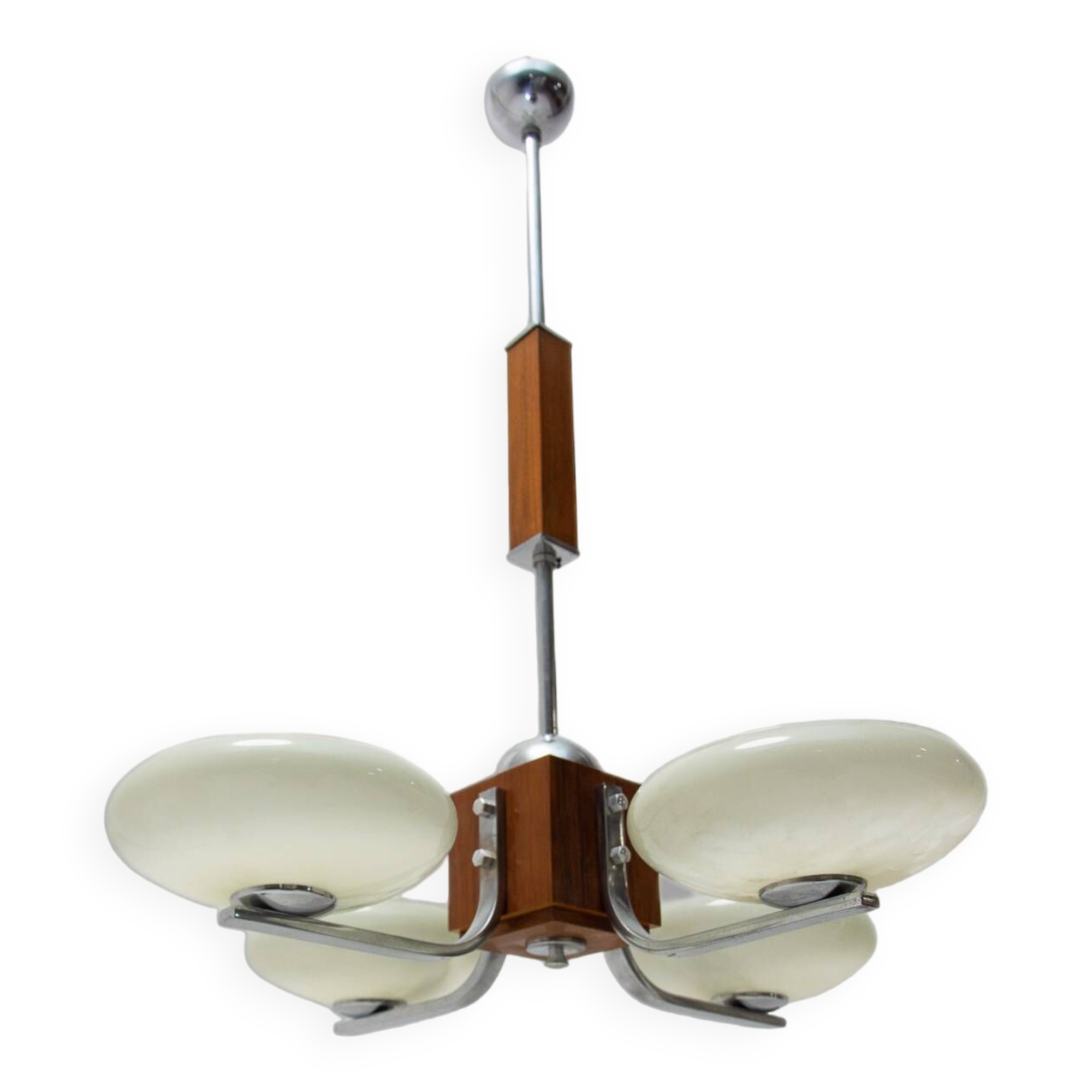 chrome and wood art deco pendant chandelier, circa 1930´s, bohemia