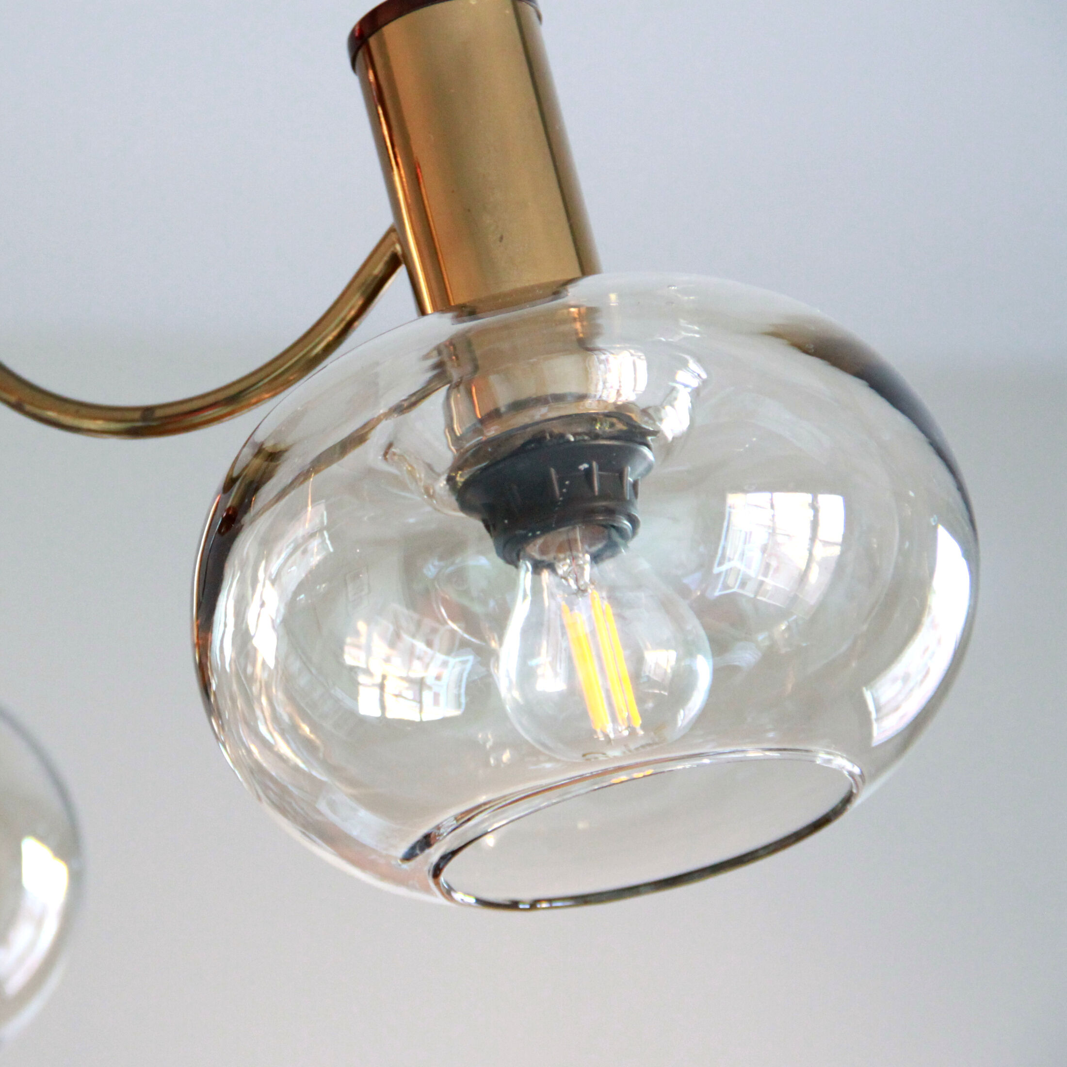 Chandelier 1970 brass gilded globes smoked glass italian