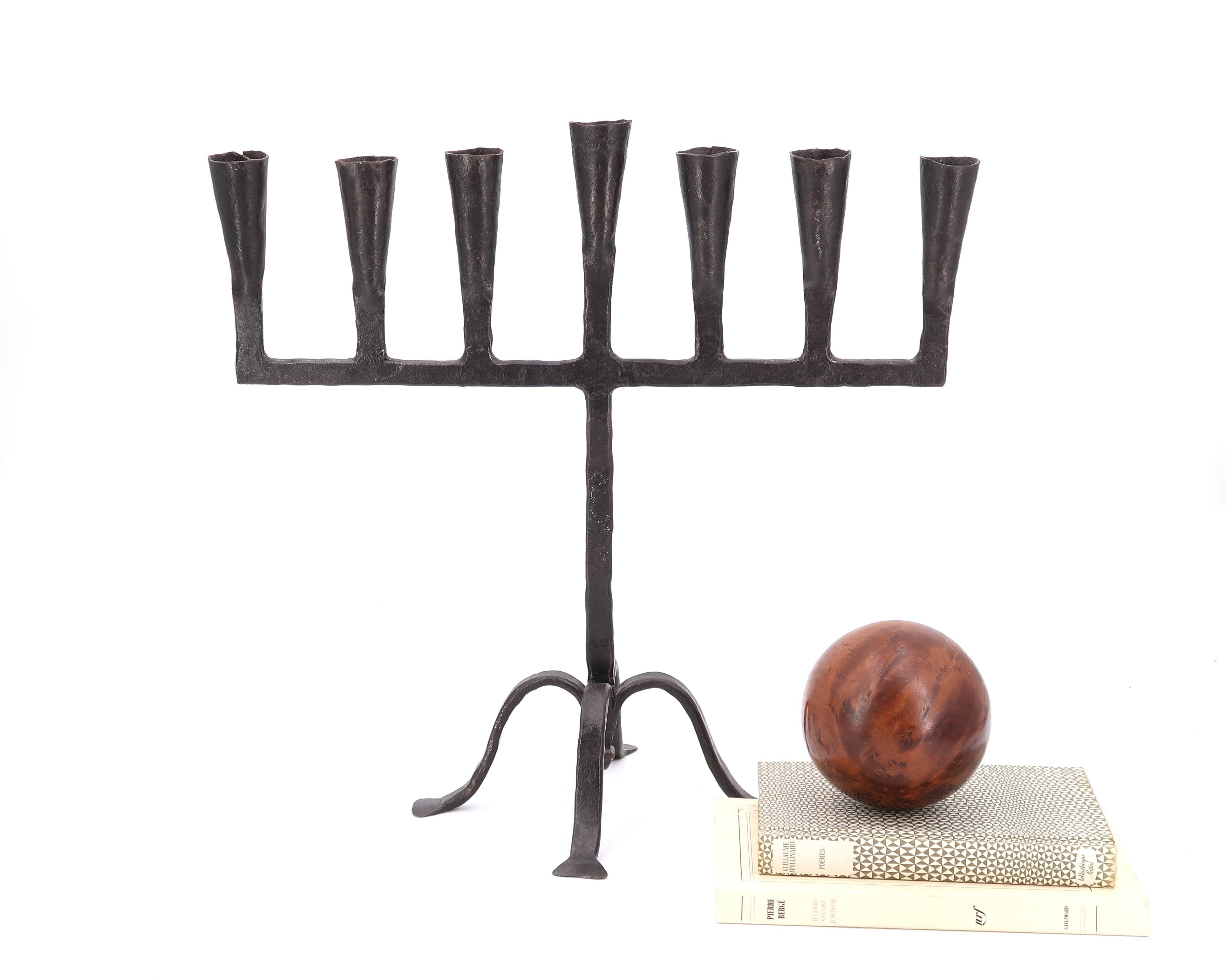 7-branch wrought iron Menorah candle holder, 1950s
