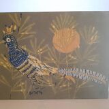 Faisan bleu Cubiste Tapisserie Laine Artiste René Fumeron Tableau France vintage 1970's