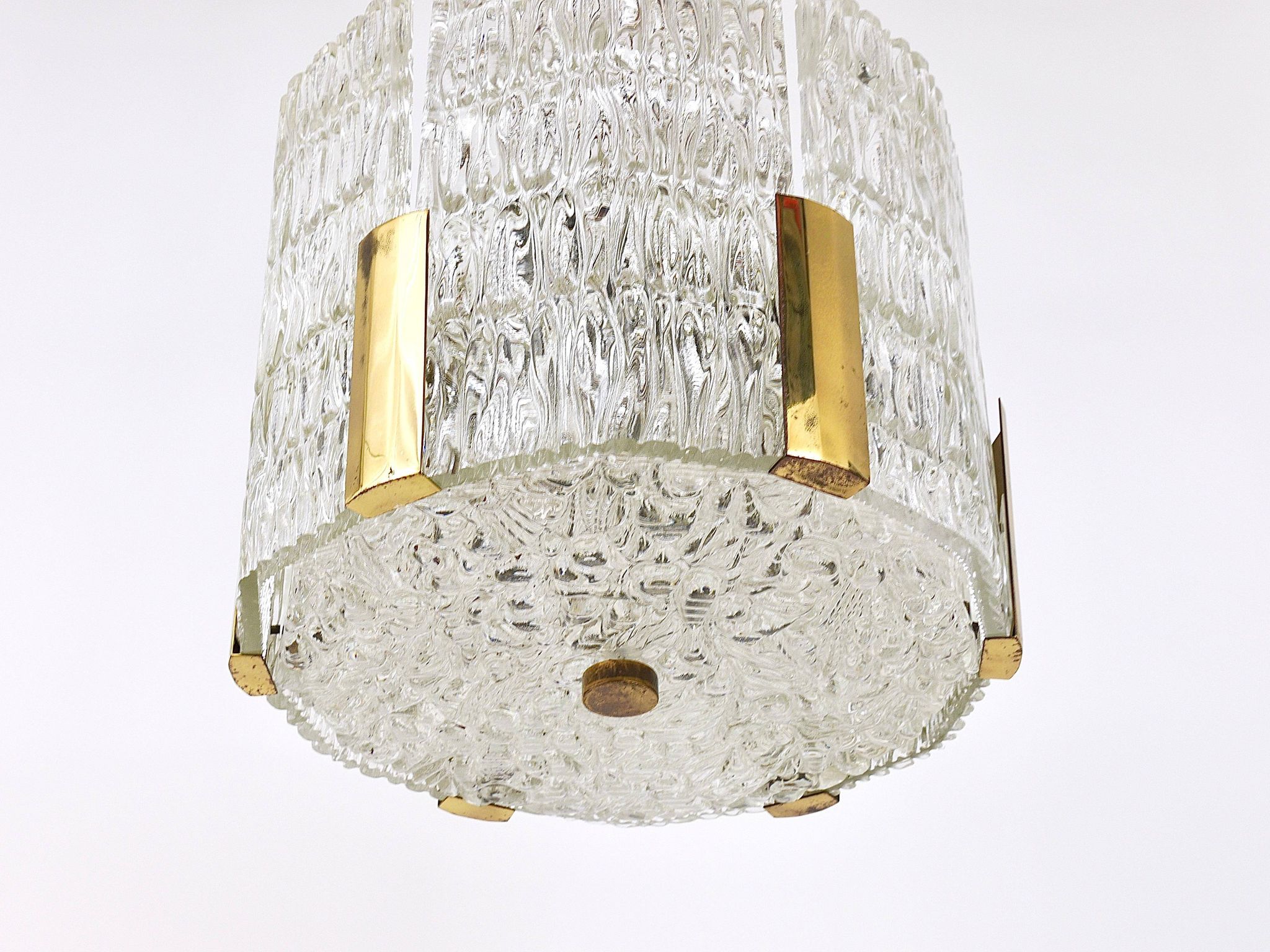 Kalmar Suspension Tambour Drum, Brass, Frosted Textured Glass, Austria, 1960s