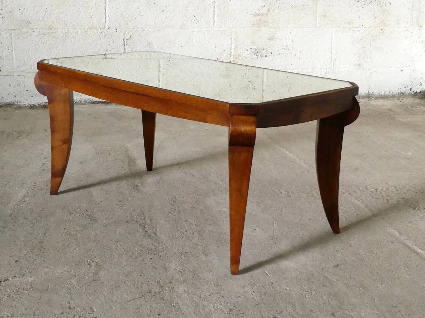 Table basse Art Déco en noyer et miroir, 1940
