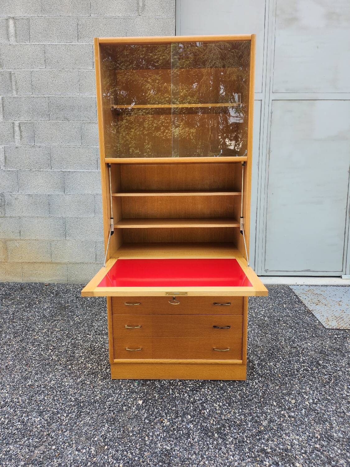 Old vintage rattan oak secretary desk bookcase