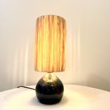 Lampe signé en grés bleu vintage chardons 1970 abat-jour corde raphia années 70 bohème