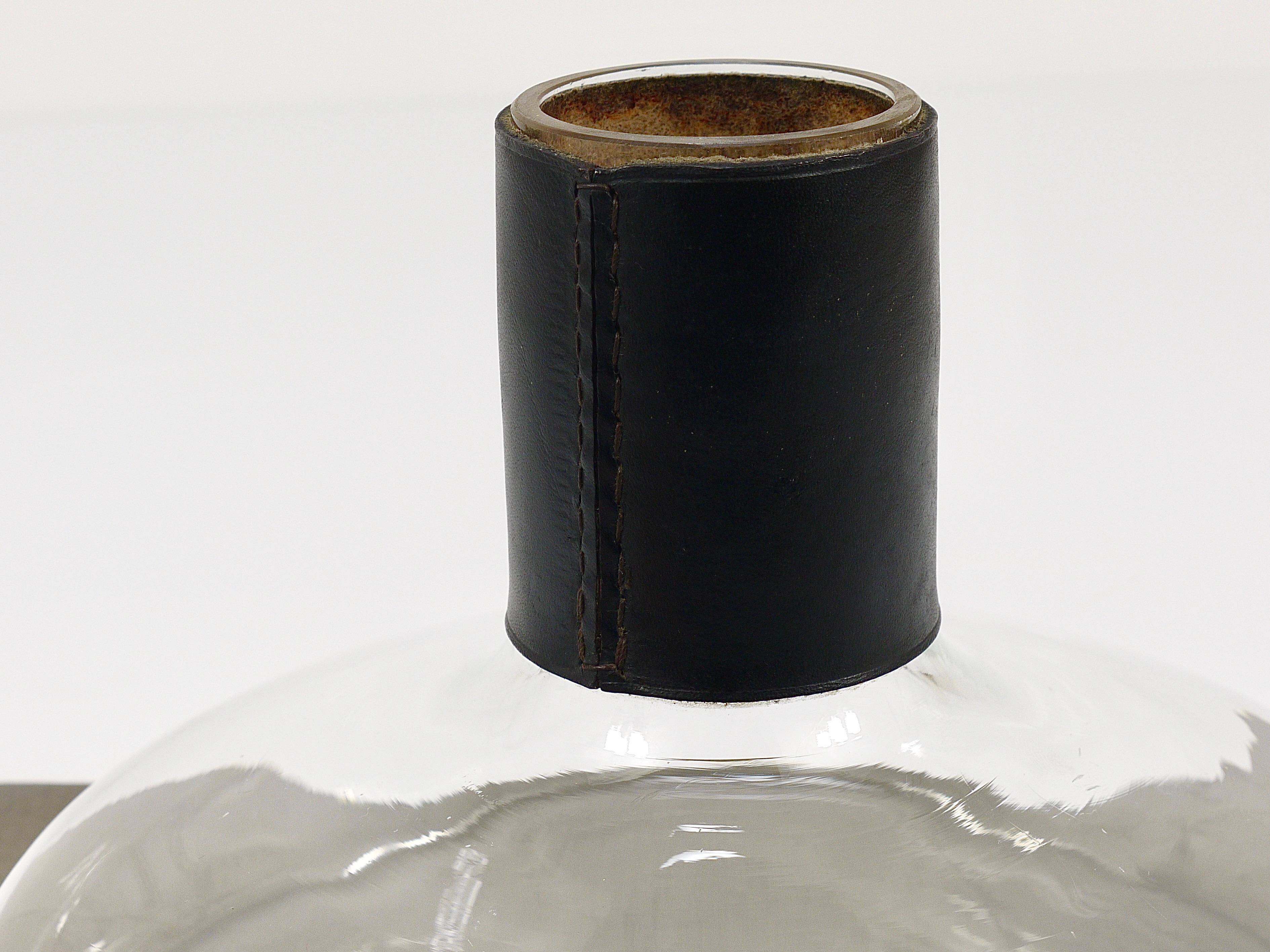 Vase Carafe Carl Aubock II with Black Leather Top, Midcentury, Austria, 1950s