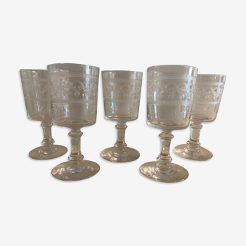 5 engraved and blown crystal digestive glasses