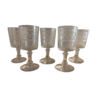 5 engraved and blown crystal digestive glasses