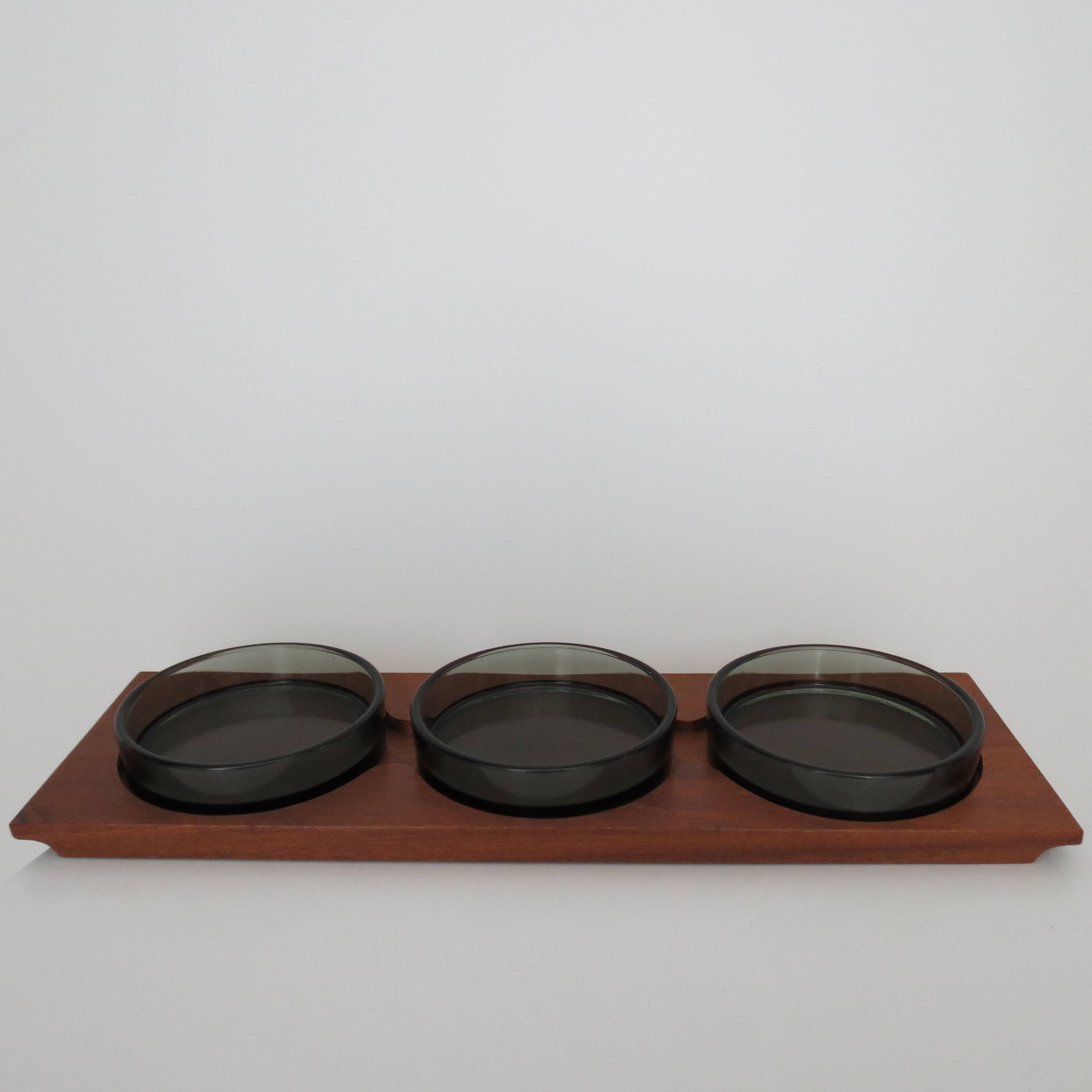 1960s  Mid Century Teak And Glass Serving Dishes on Tray