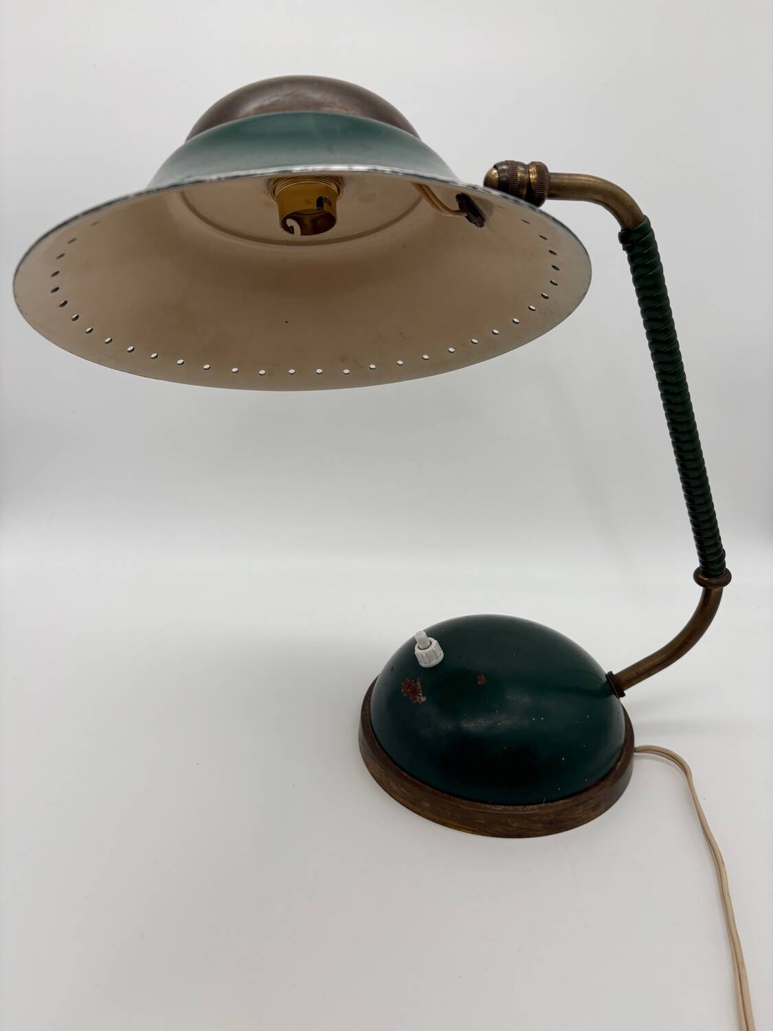 1960s cocotte desk lamp, green and brass, table lamp