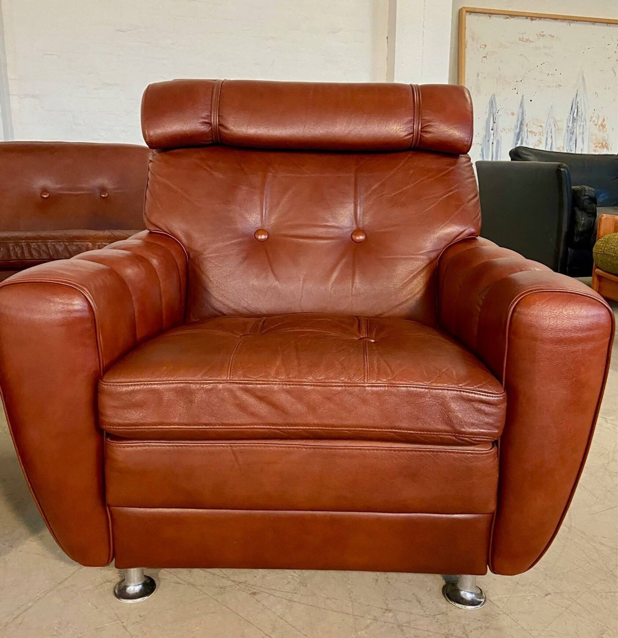 Vintage Danish mid-century Svend Skipper leather club chairs 1970s