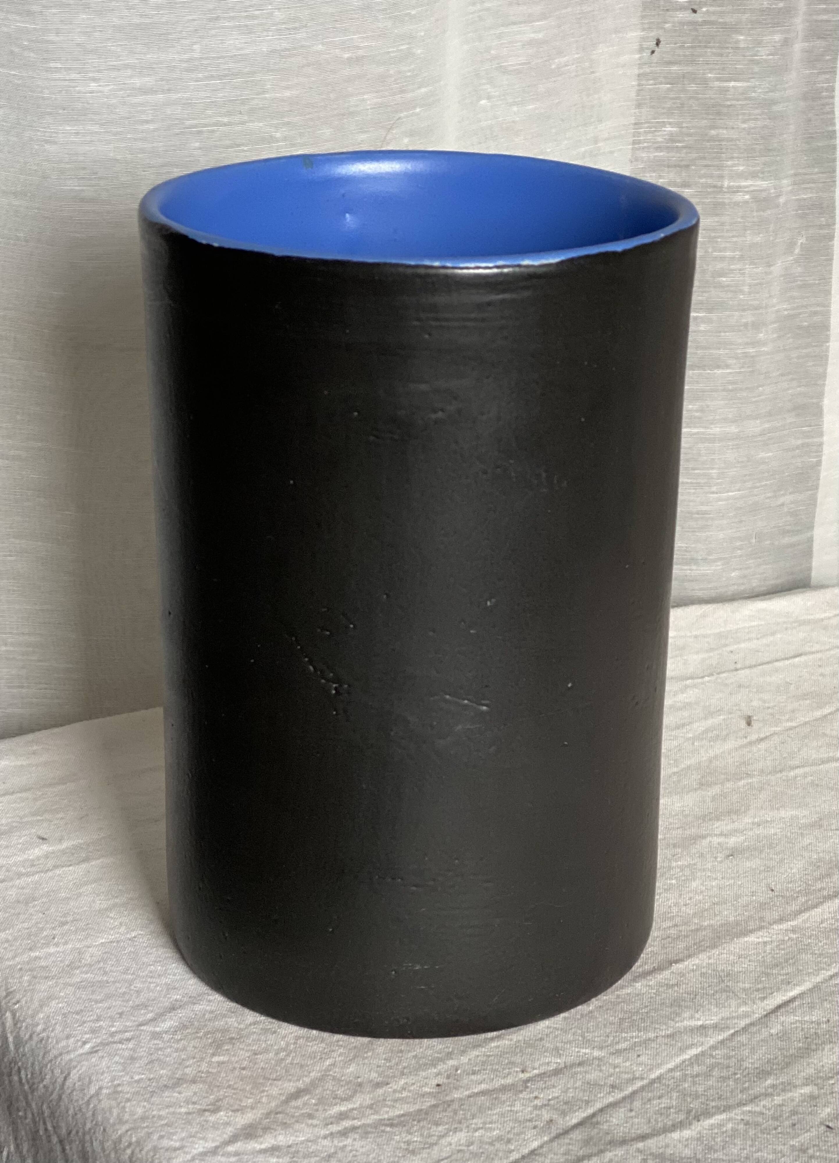 Vintage 1970s black ceramic roll vase signed Dumez.