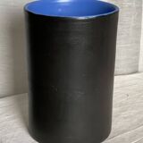 Vintage 1970s black ceramic roll vase signed Dumez.