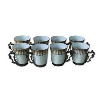 8 tasse à café étain et porcelaine
