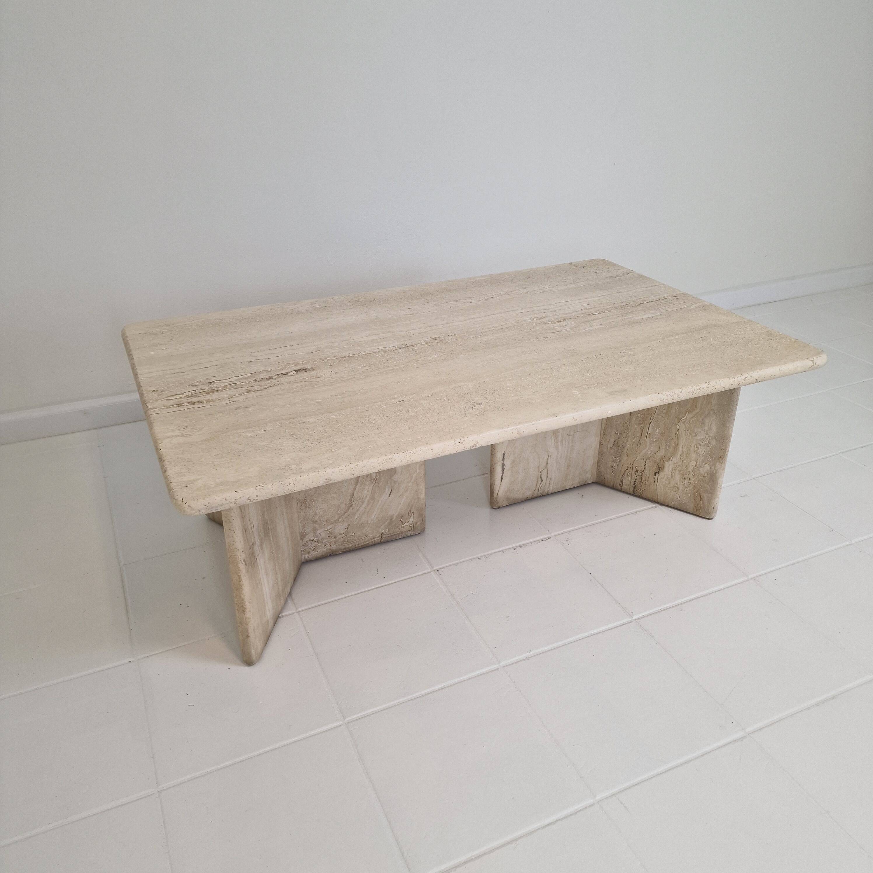 Robust Italian Travertine Coffee Table With two 3-leg Feet, 1980s