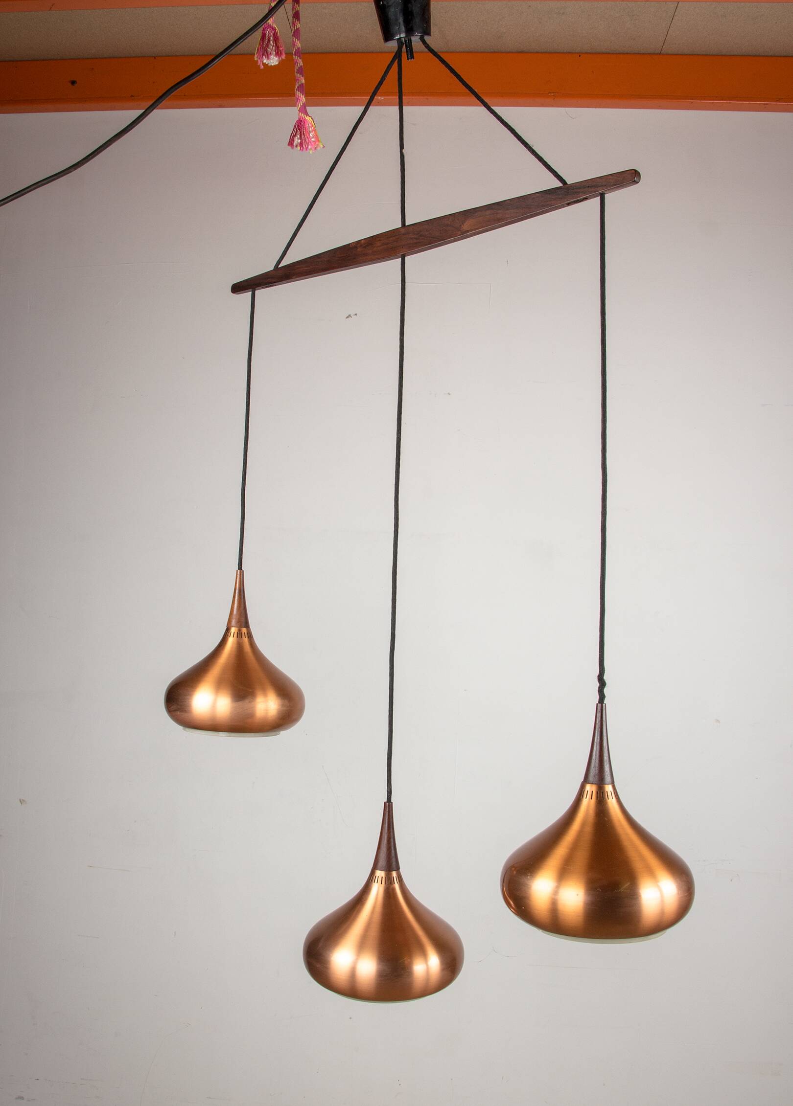 Triple Danish pendant light in metal and Rosewood, Orient model, Jo Hammerborg for Fog & Morup.