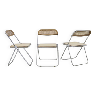 3x Plia Folding Chair in cane by Giancarlo Piretti for Anonima Castelli, 1960s