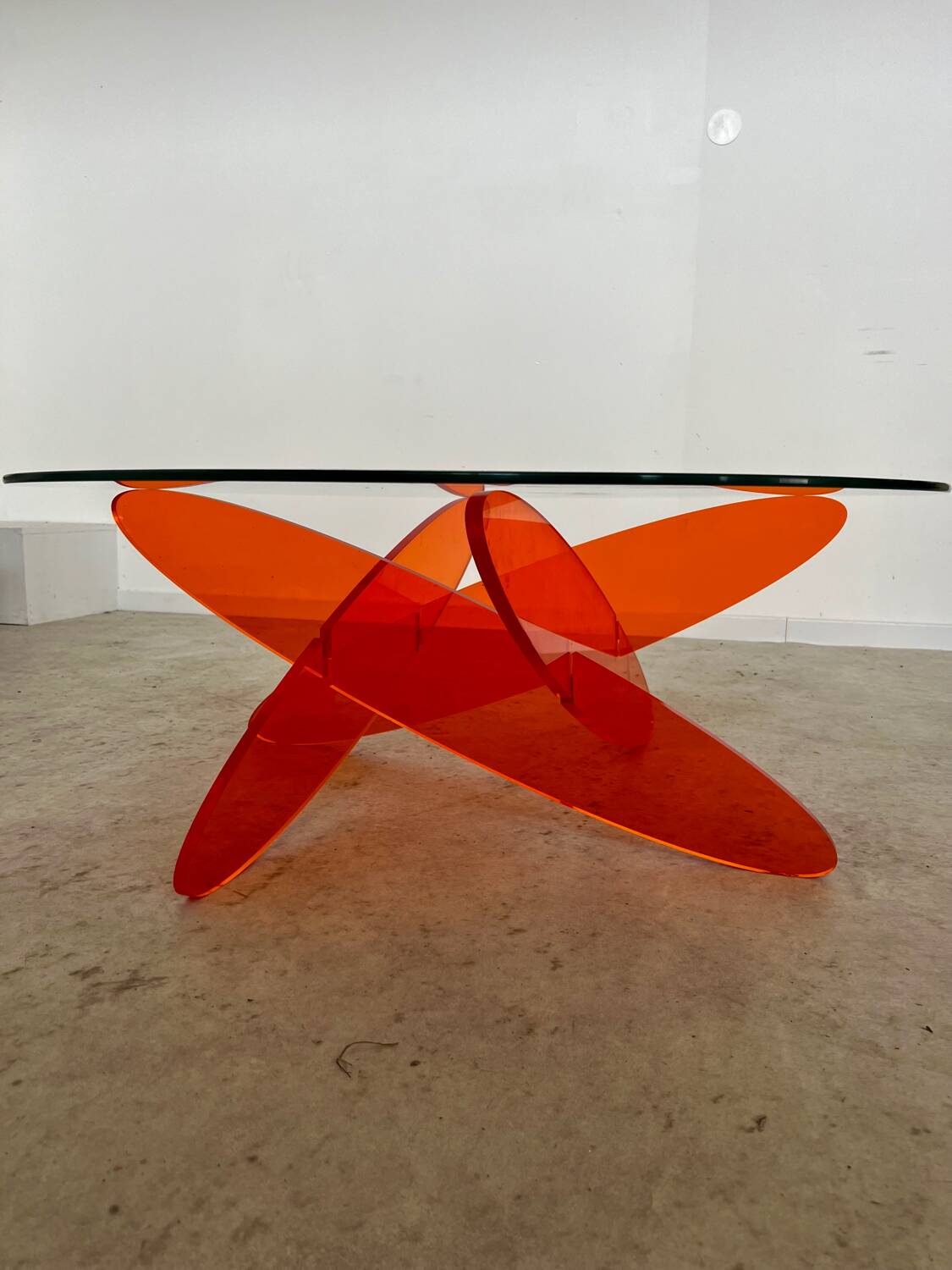 Geometric coffee table glass and orange plexi design 70s Space vintage age