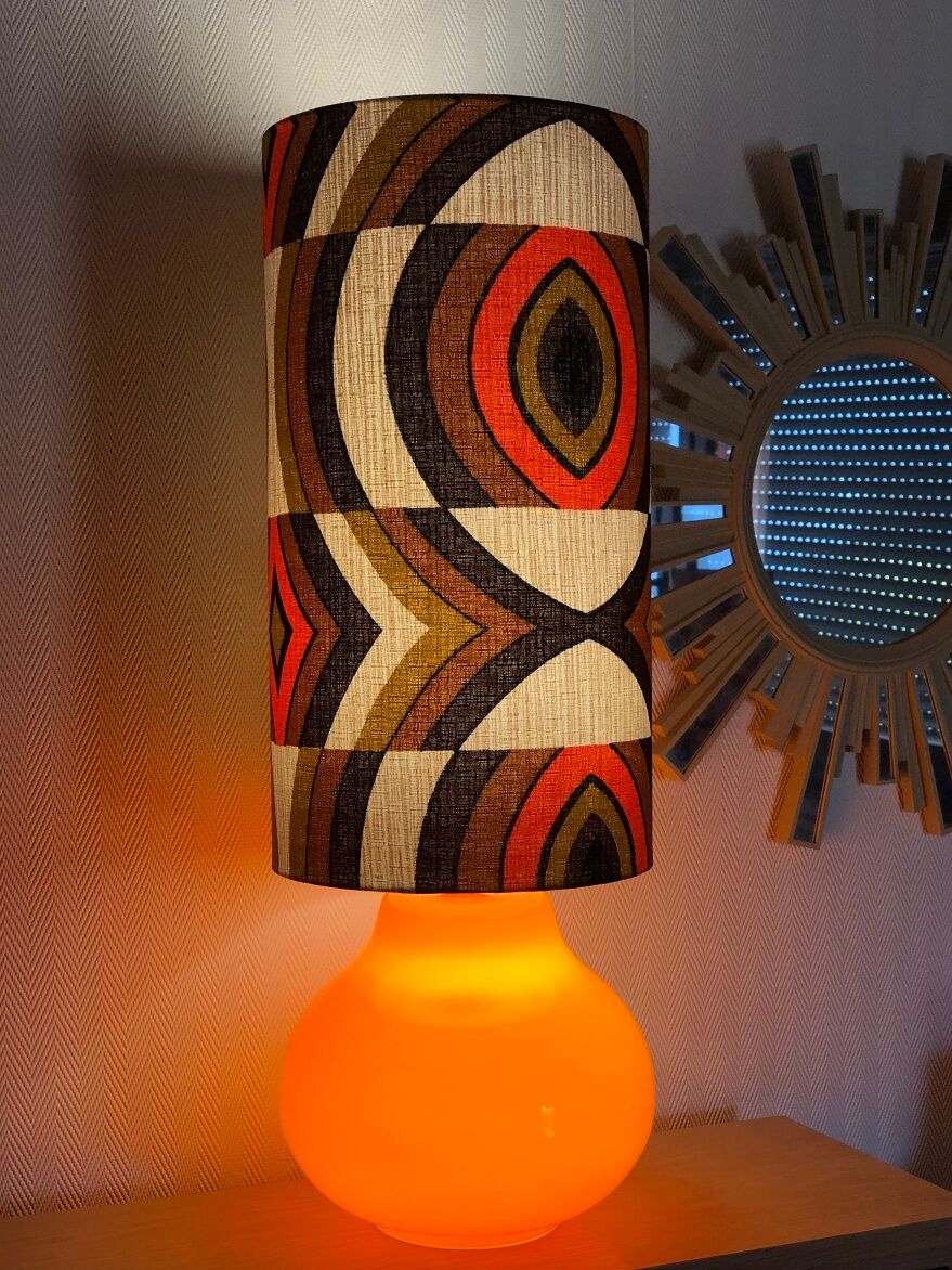 Orange opaline table lamp and vintage fabric