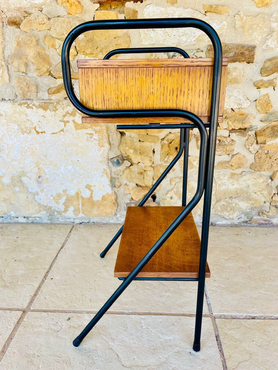 Vintage oak bedside table with black metal legs circa 50s/60s
