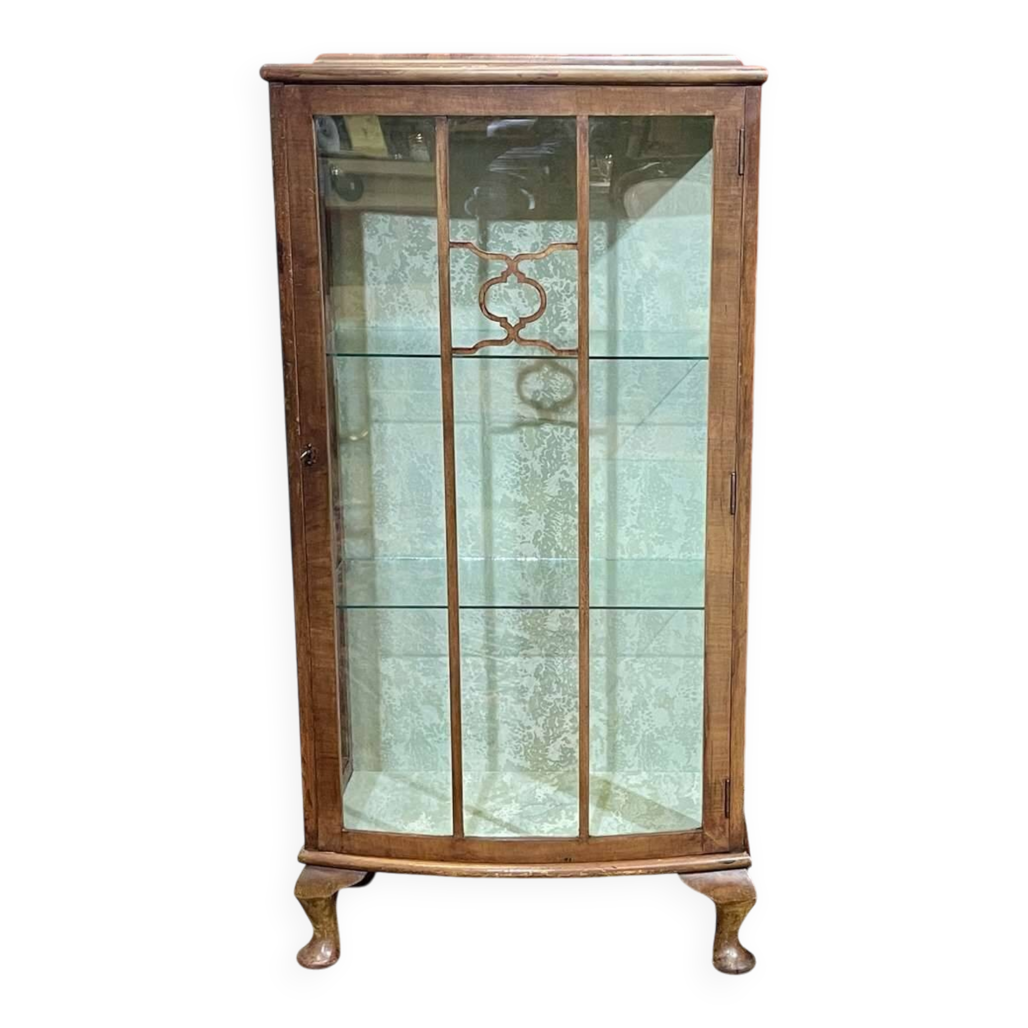 1950s English walnut display cabinet