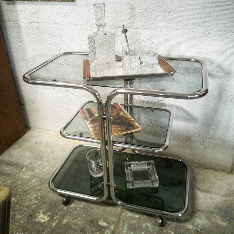 Chrome rolling table and smoked glass