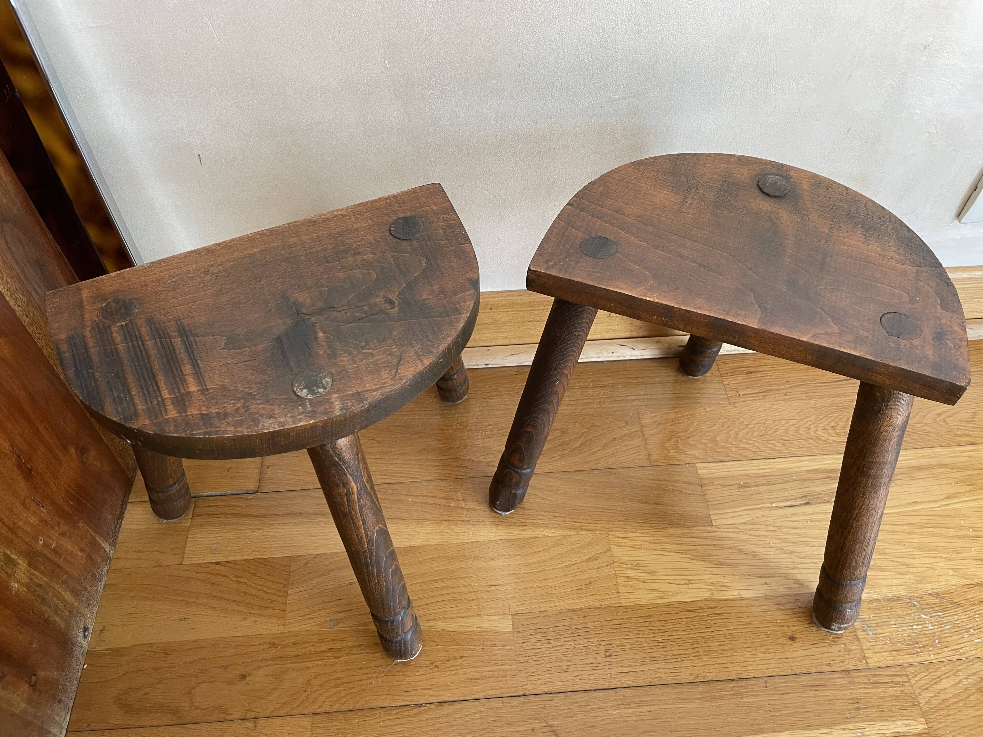 Duo of tripod oak stools