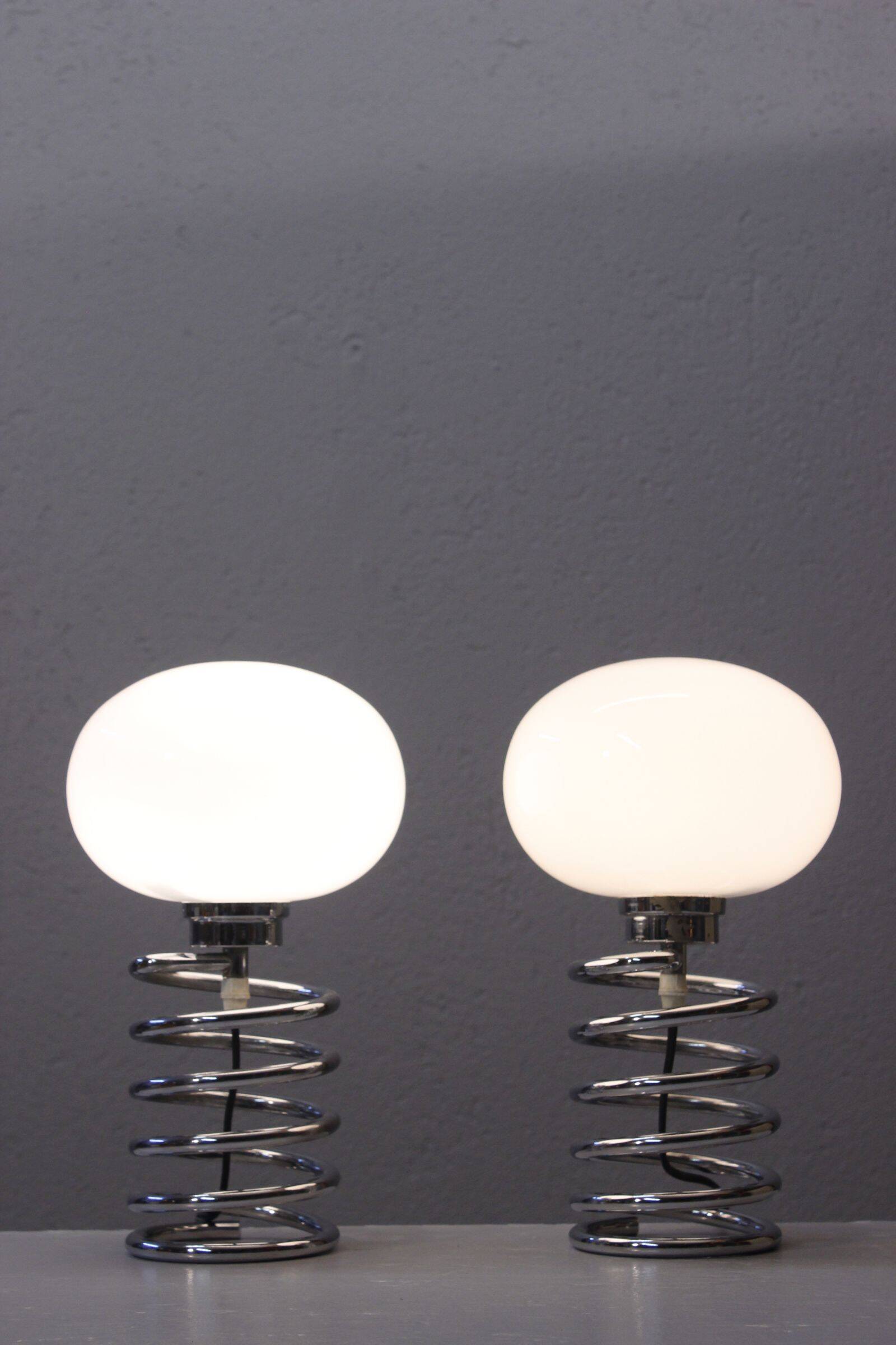 Pair of vintage chrome & opaline spring lamps 1970s