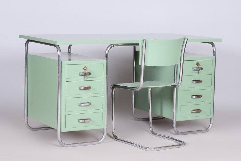 Bauhaus Writing Desk and Chair in Chrome-Plated Steel from Thonet, Czechia, 1930s, Set of 2
