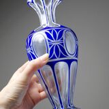 Pair of small crystal vases "overlay" cut with antique blue and white enamel