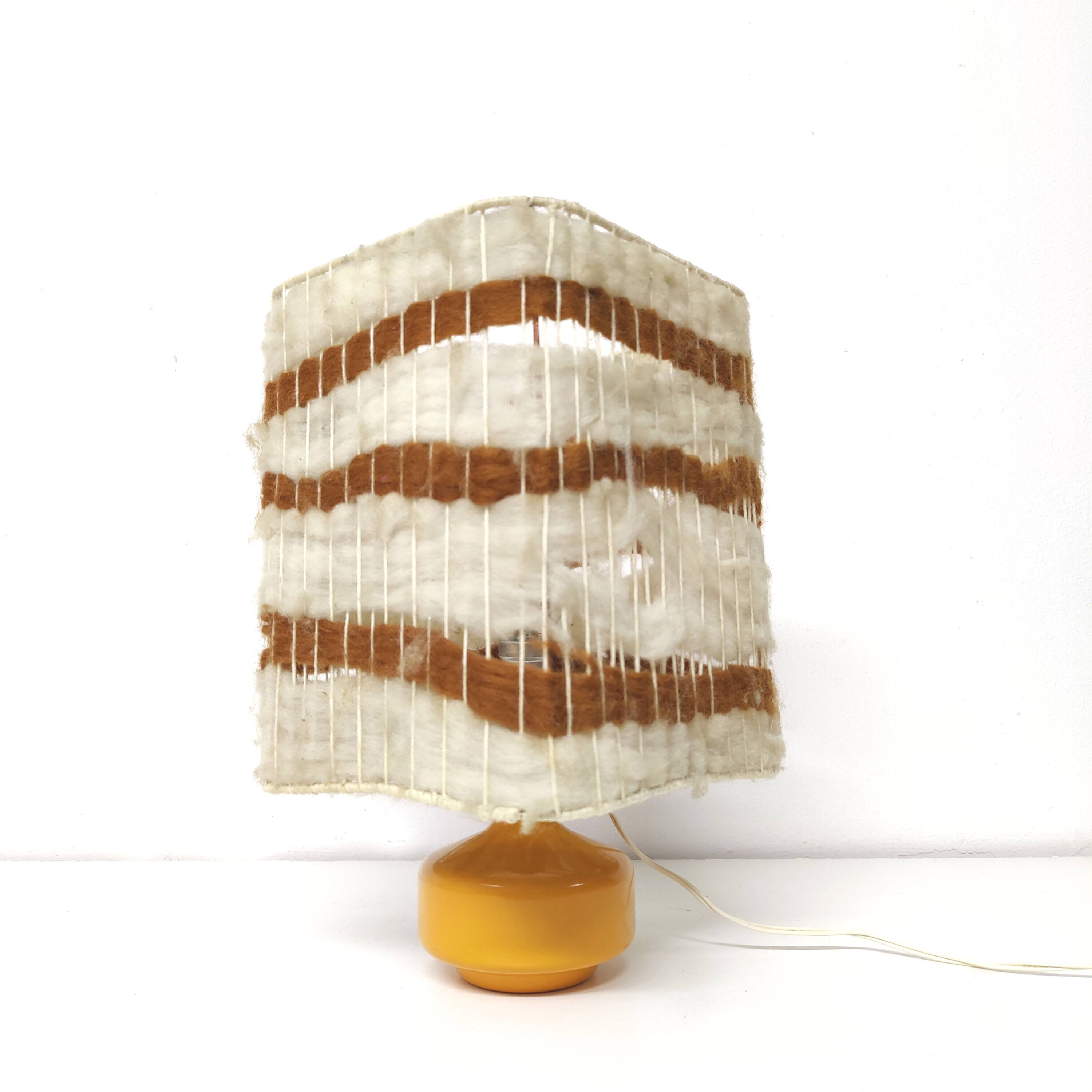 Orange ceramic lamp with vintage wool lampshade from the 70s