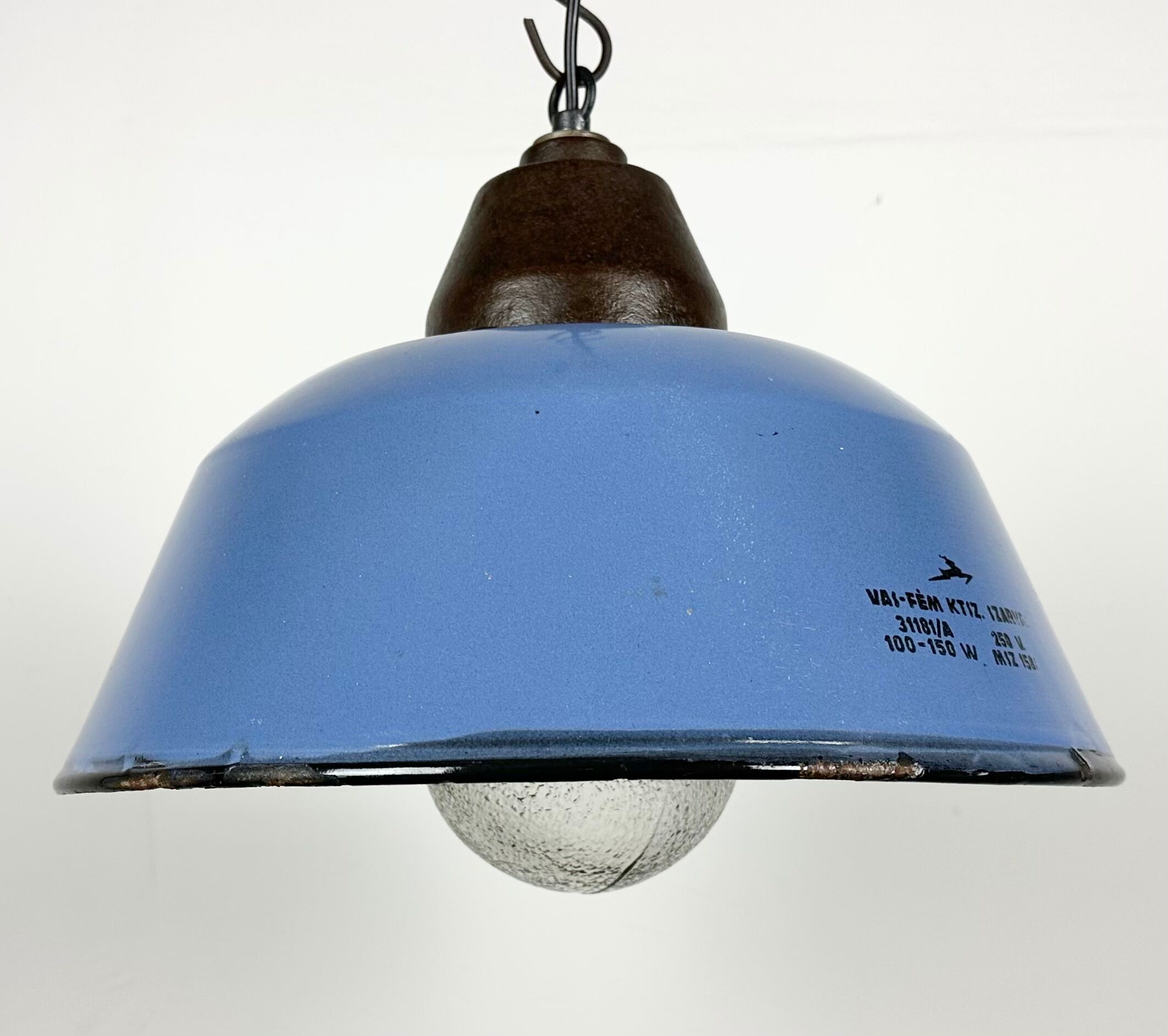 Industrial Blue Enamel and Cast Iron Pendant Light with Glass Cover, 1960s