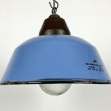 Industrial Blue Enamel and Cast Iron Pendant Light with Glass Cover, 1960s