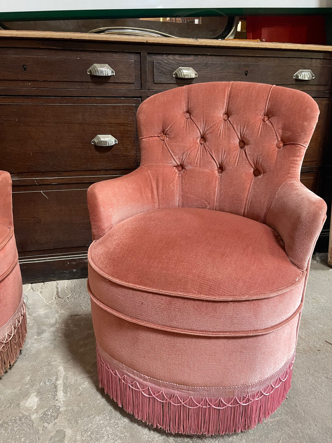 Pair of small powder pink toad armchairs