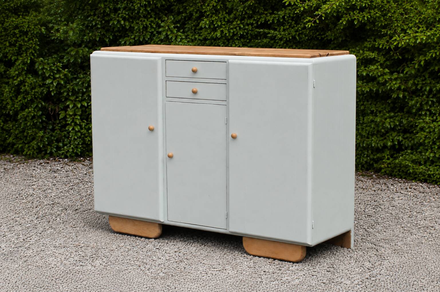 Renovated vintage buffet in Mado style – Celadon Libéron and natural wood – 13