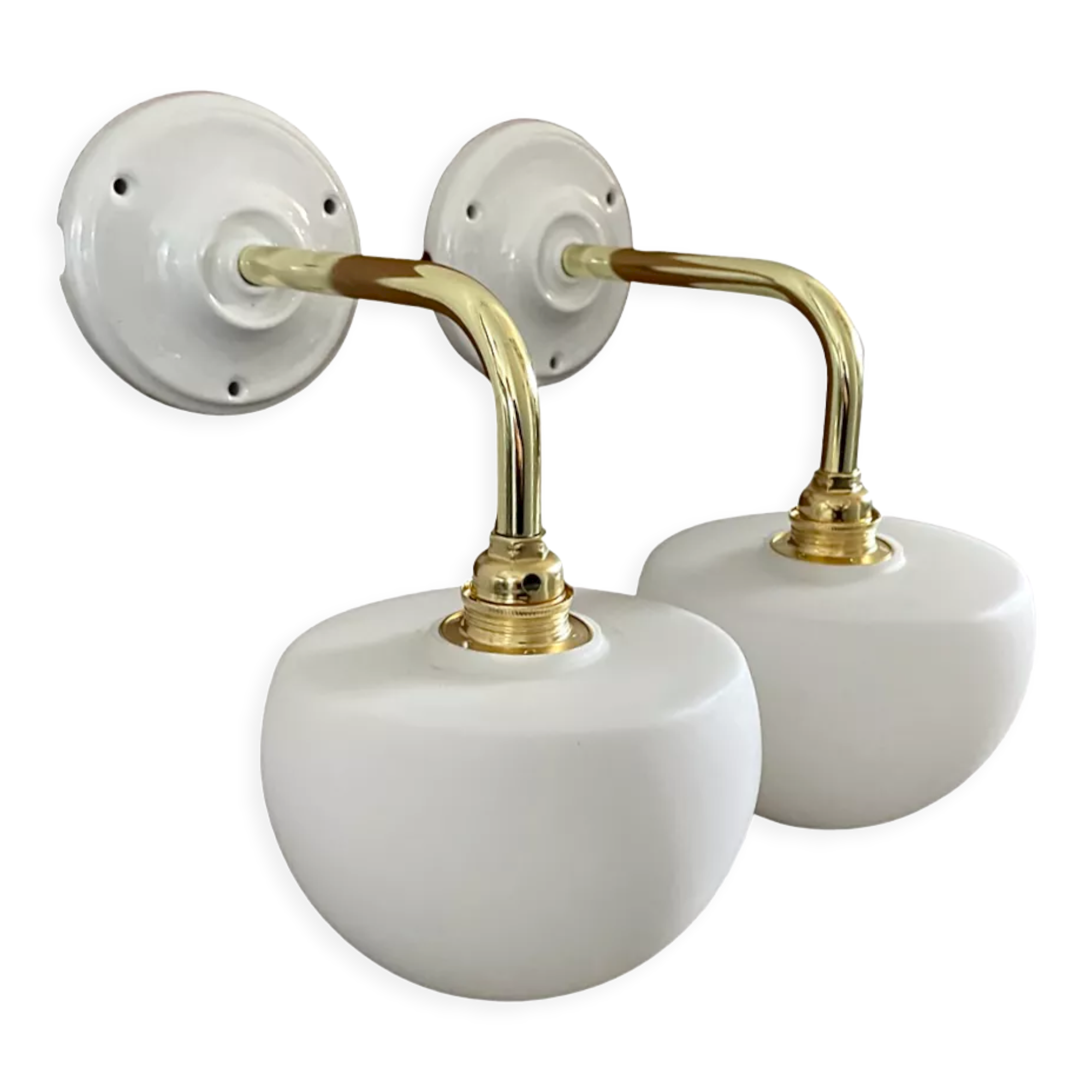 Set of two electrified white opaline wall lamps to nine