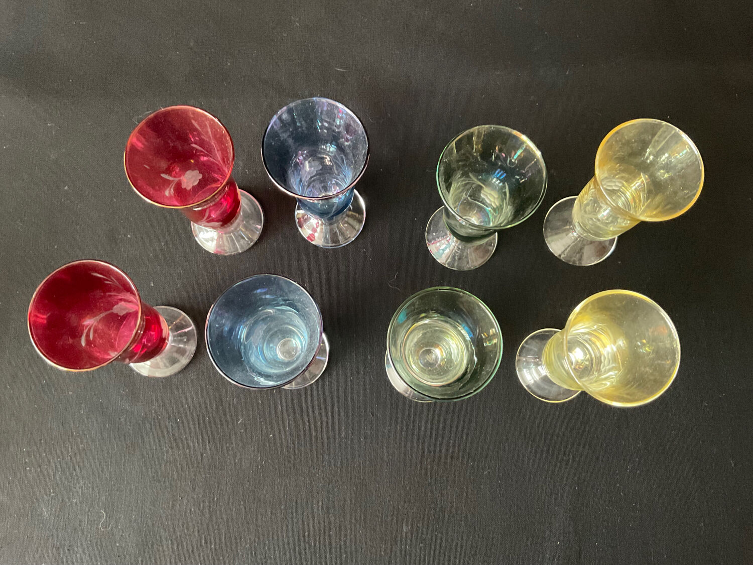 Antique coloured and engraved liquor glasses