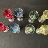 Antique coloured and engraved liquor glasses