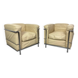 Fauteuils clubs en cuir blanc LC2 par Le Corbusier pour Cassina