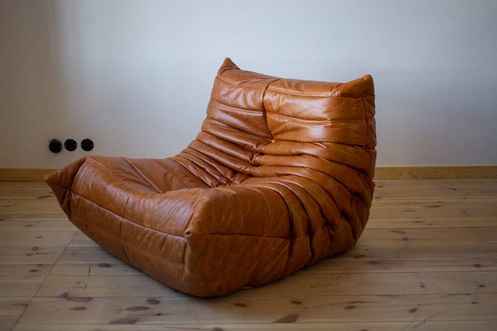 Pine leather Togo living room set attributed to Michel Ducaroy for Ligne Roset, 1979, set of 5