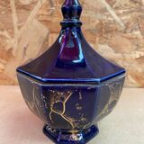 Ancienne bonbonnière boite à bijoux céramique bleu cobalt & dorée vintage