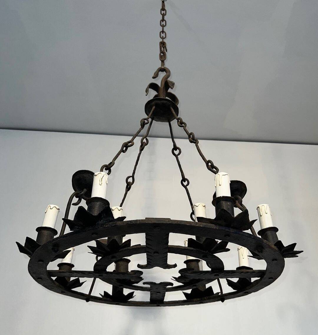 Wrought Iron Chandelier, 12 Lights, Gothic Style, French Work, circa 1