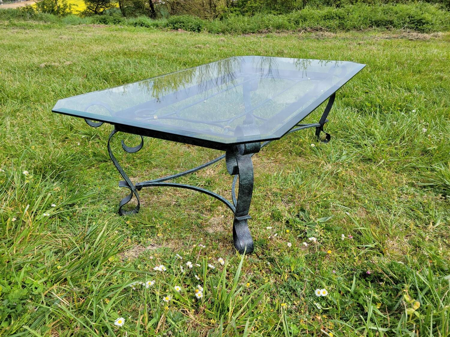 Italian glass and wrought iron coffee table