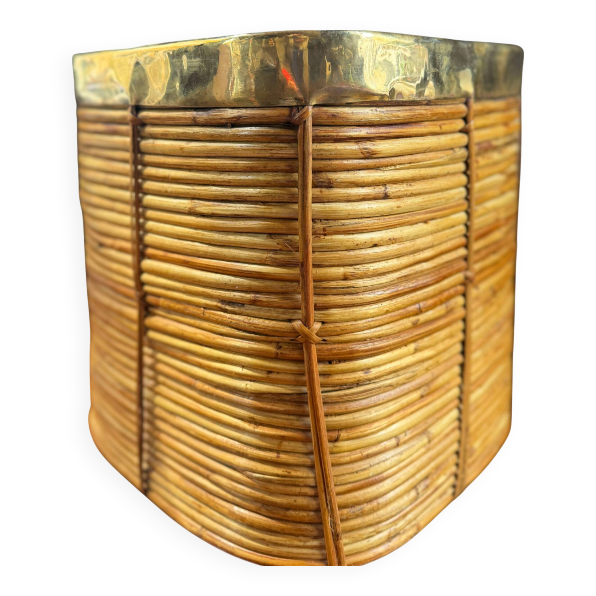 Rattan & Brass Wastepaper Basket | Italy 1970s