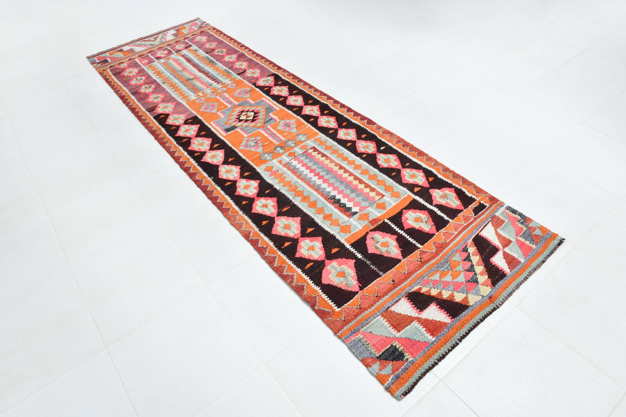 3x11 Burgundy & Orange Vintage Runner Rug, 95x325Cm