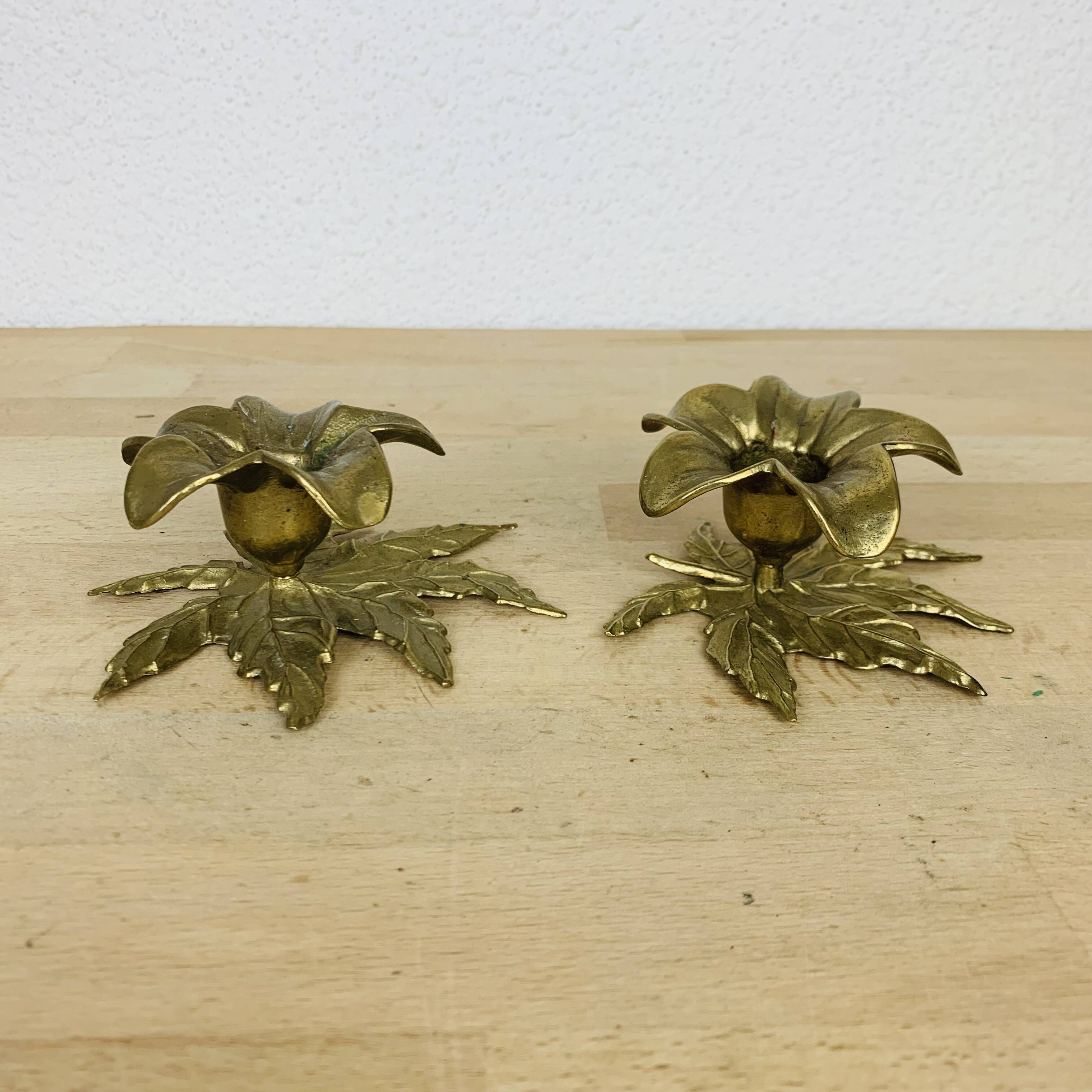 Pair of gilded brass flower candlesticks
