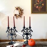 Black cast iron candlesticks, early 20th century, Neo-Rococo