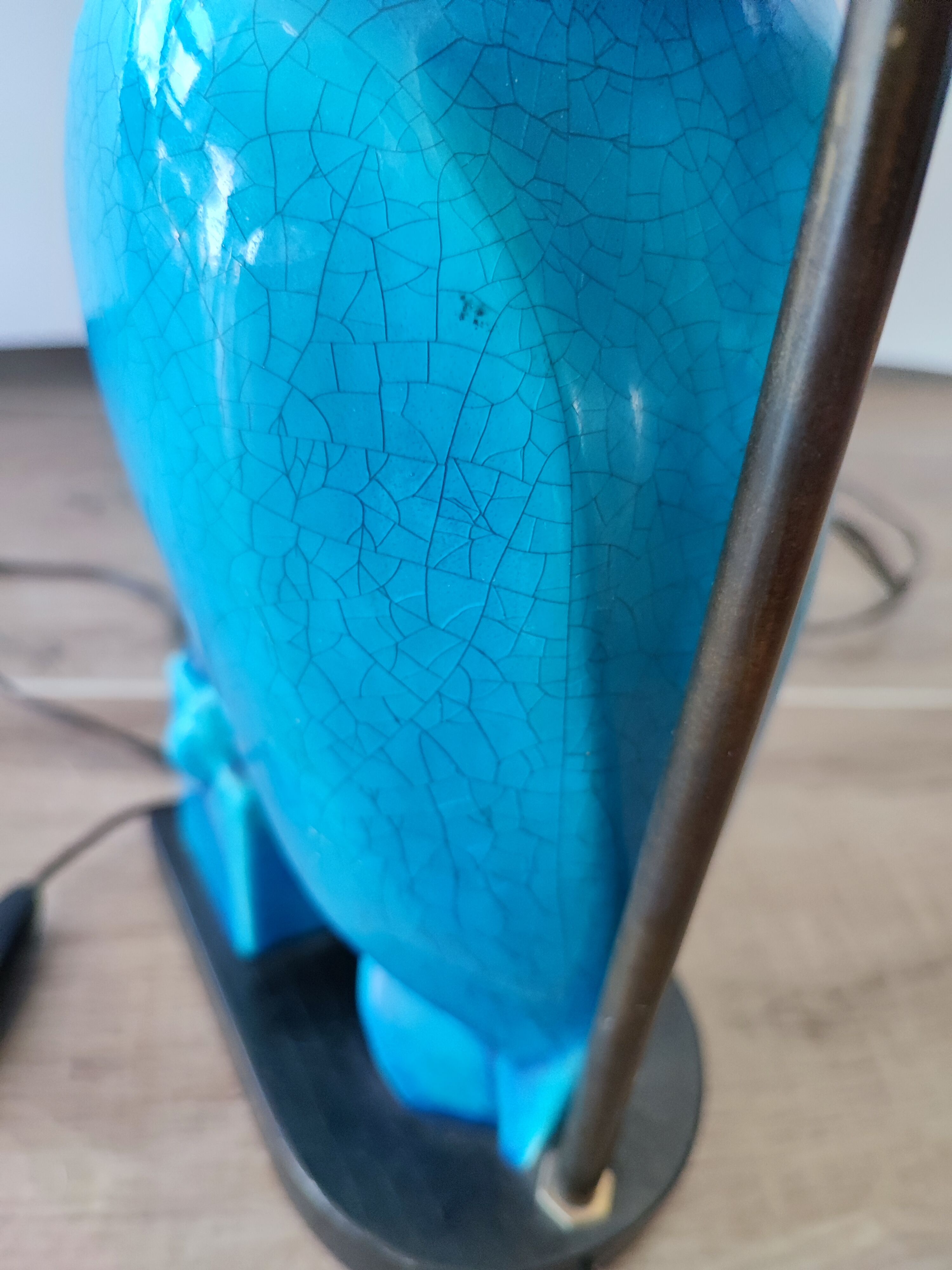 Turquoise cracked earthenware owl lamp