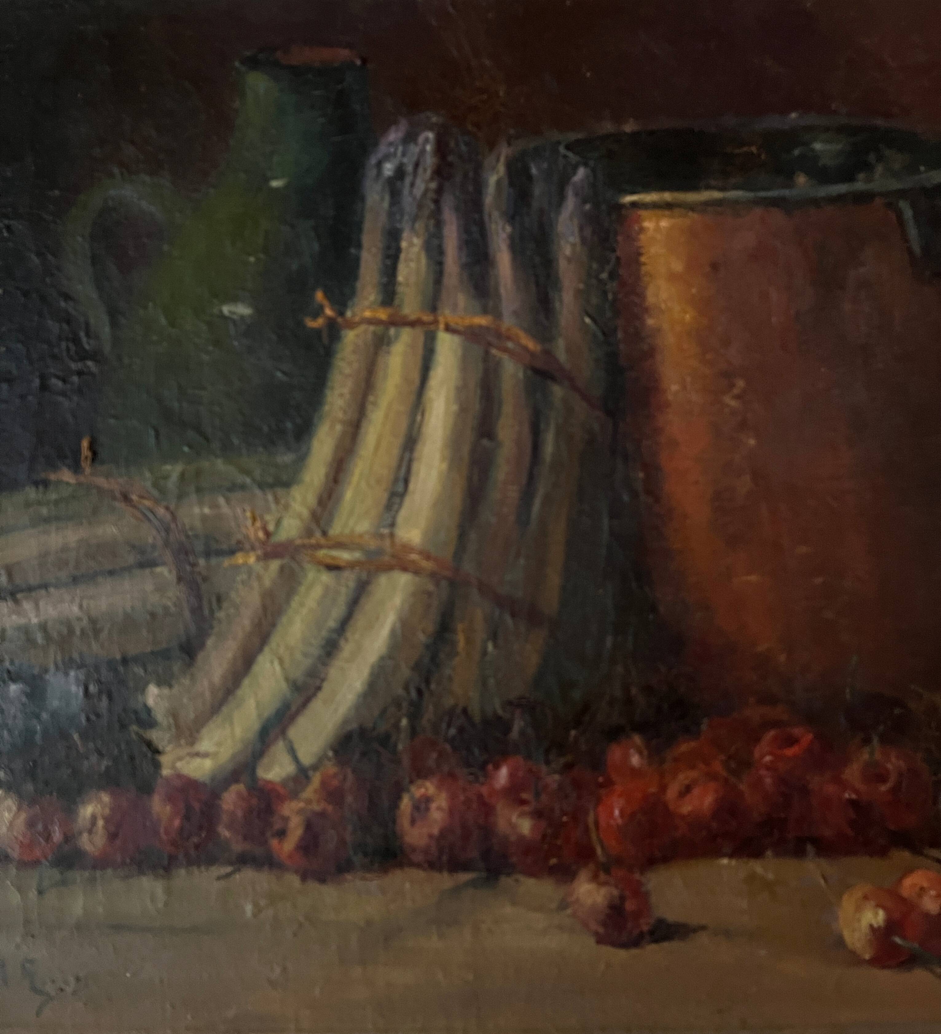 Tableau HST "Still Life with Asparagus and Cauldron" 19th century signed