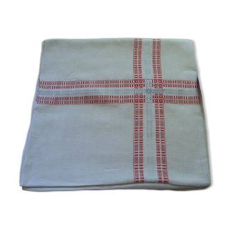 Old linen tablecloth, with colored woven strips, shabby decor, square, 165 x 160 cm