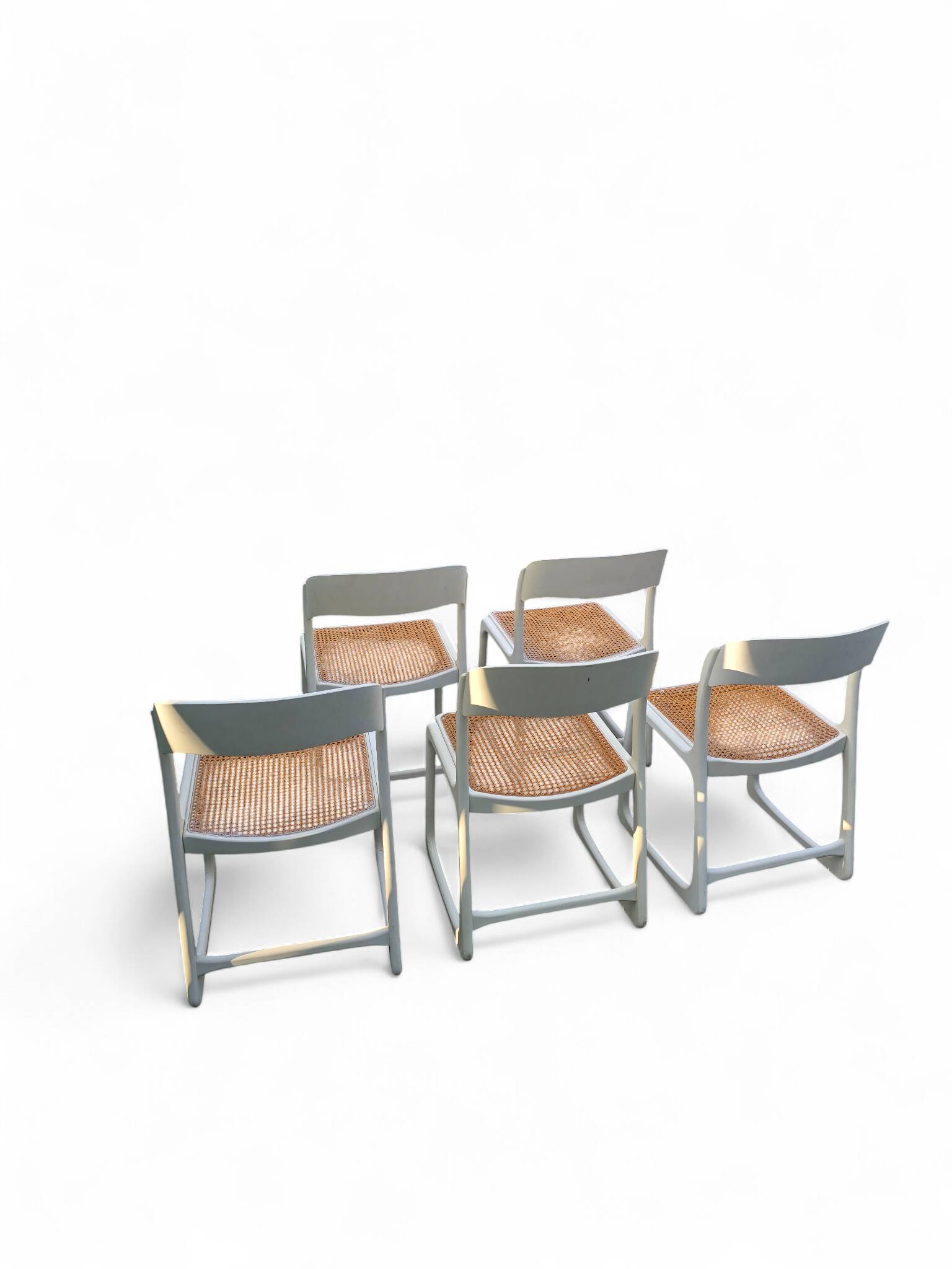 Set of 5 white Baumann "Sleigh" chairs